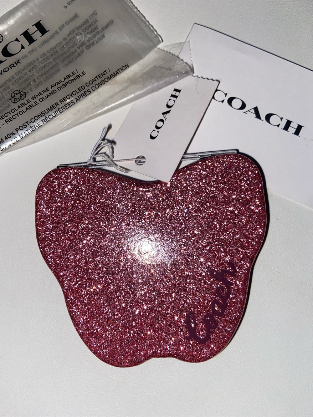 NWT Coach Mirror Pink Sparkling Butterfly two sided